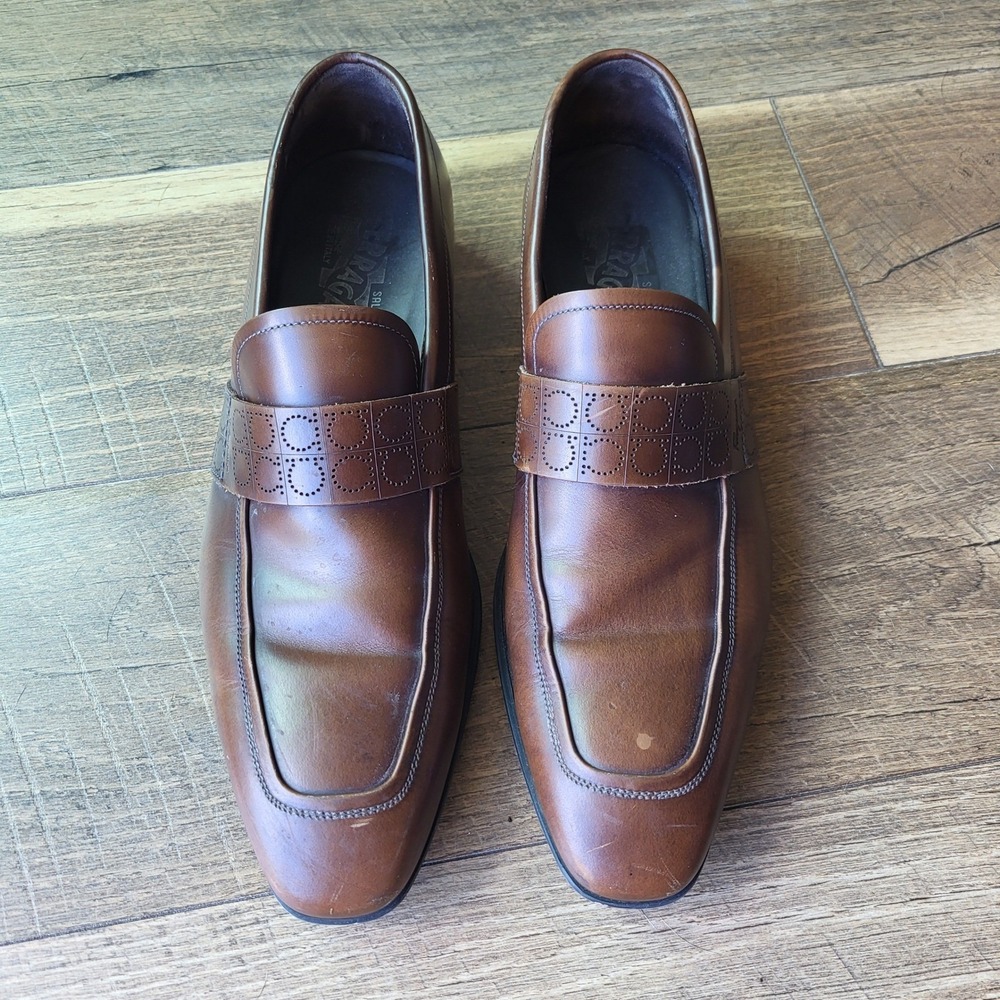 Salvatore Ferragamo Mens Brown Leather Gancini Monogram Loafers Shoes LC 41246